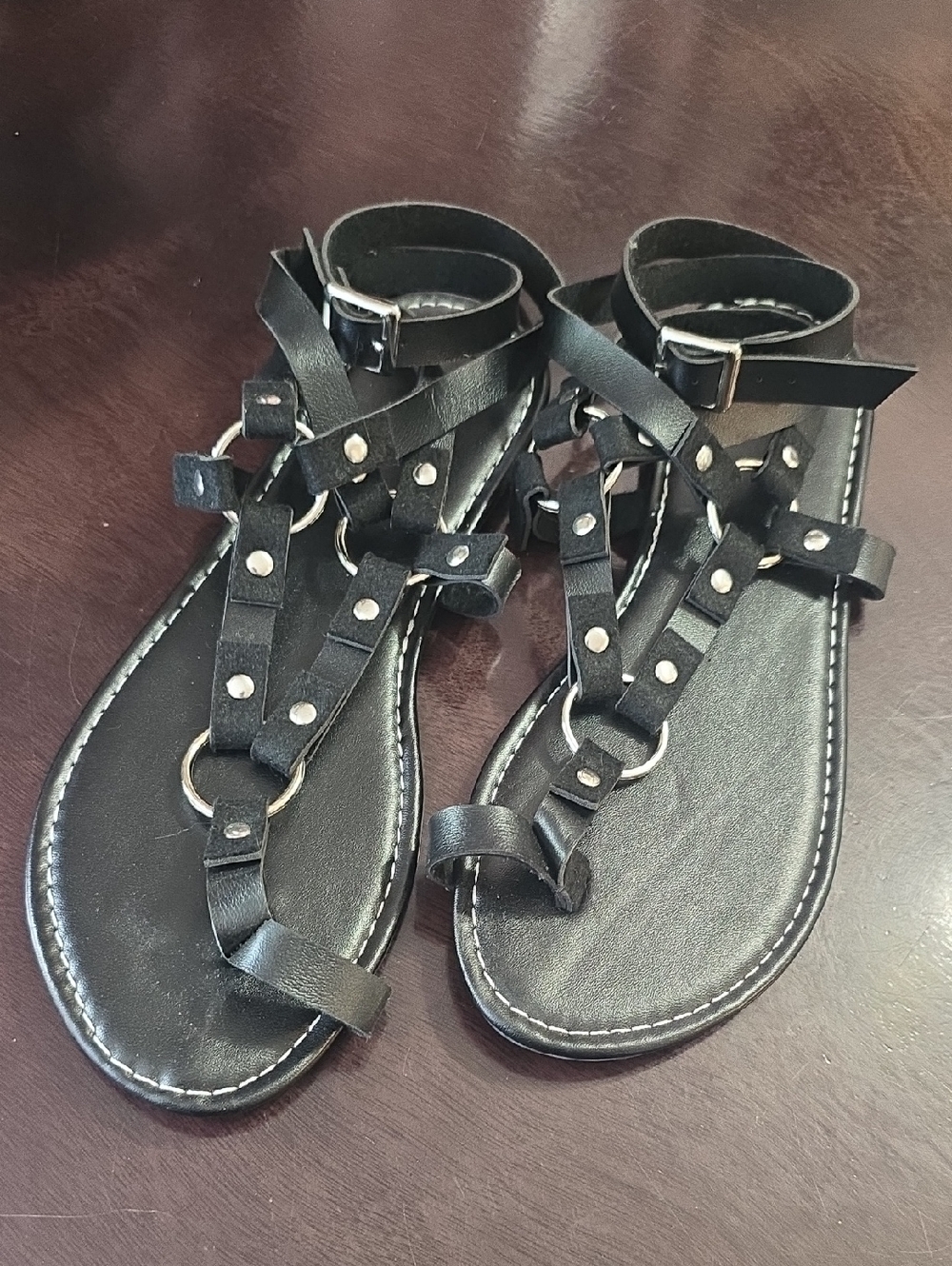 Black Studded T-Strap Ankle Wrap Sandals